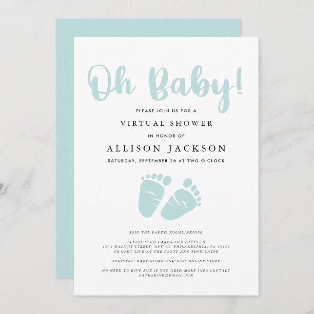 Virtuell Oh Baby Shower Light Mint Grönt Baby Feet Inbjudningar (Fram/baksida)