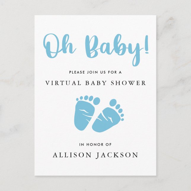 Virtuell Oj Baby blue Baby Feet Pojke Shower Inbjudan Vykort (Framsida)