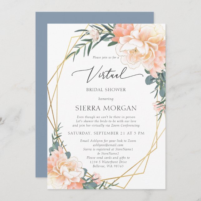 Virtuell Peach Blommigt Guld Dusty Blue-Möhippa Inbjudningar (Fram/baksida)