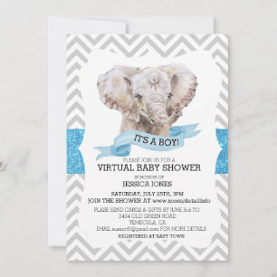 Virtuell pojke Elefant Fyrkantig glitter Bebisdopp Inbjudningar