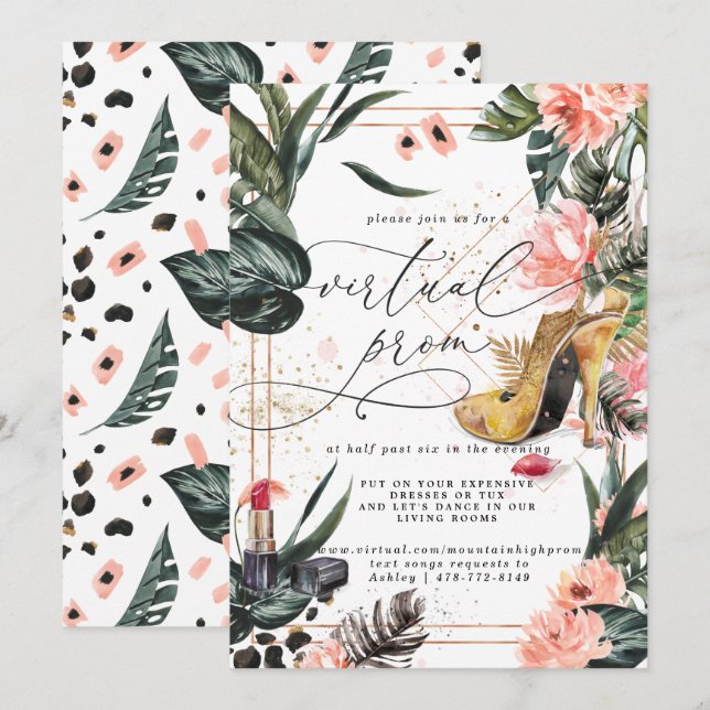 Virtuell Prom Party | Tropical Greenery, Rosa Blom Inbjudningar (Fram/baksida)
