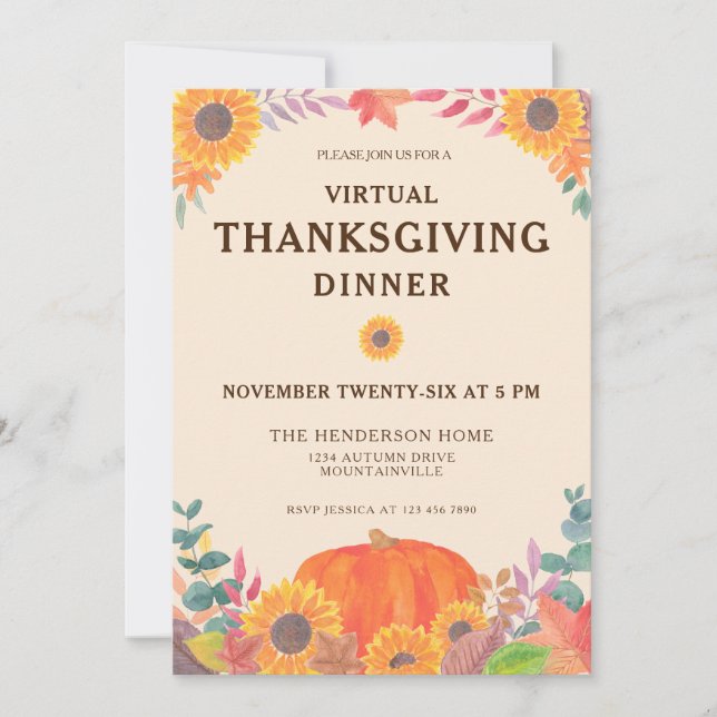 Virtuell Pumpkin-solblommor, Thanksgiving Dinner Inbjudningar (Framsida)