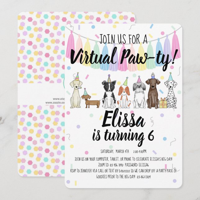 Virtuell Puppy Hund Girl Birthday Pawty Inbjudningar (Fram/baksida)