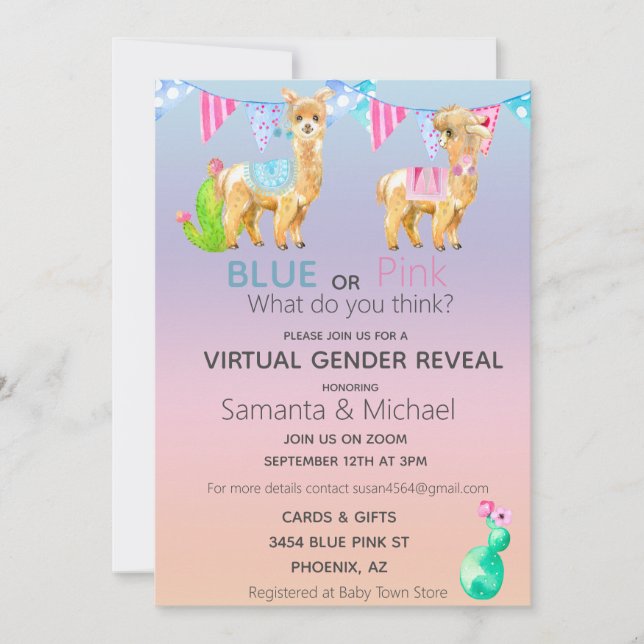 Virtuell Rosa Blå Lama Akvarell Köns Avslöjande Inbjudningar (Framsida)