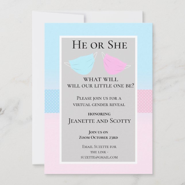 Virtuell Rosa Blue Gender Reveal 2020-facemask Inbjudningar (Framsida)