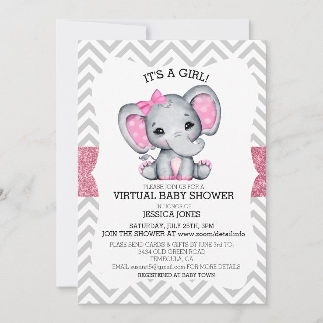 Virtuell Rosa Elephant Chevron Glitter Baby Shower Inbjudningar (Framsida)