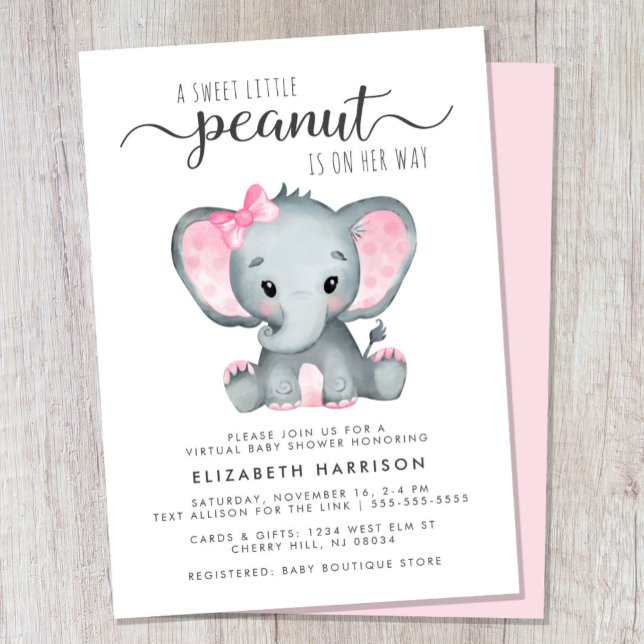 Virtuell Rosa Elephant Flicka Shower Inbjudningar (Cute girl virtual baby shower invitation)
