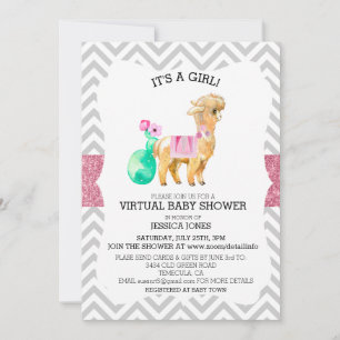 Virtuell Rosa Lama-chevron Glitter Babyshower Inbjudningar