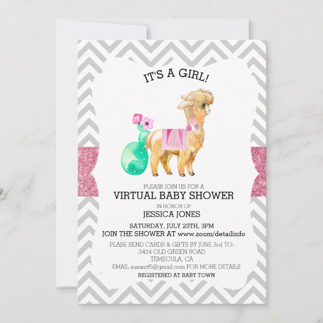 Virtuell Rosa Llama Chevron Glitter Baby Shower Inbjudningar (Framsida)