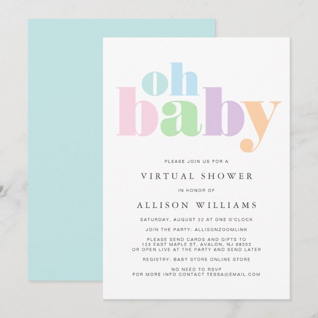 Virtuell Shower Oh Baby Pastel Modern Typography Inbjudningar (Fram/baksida)