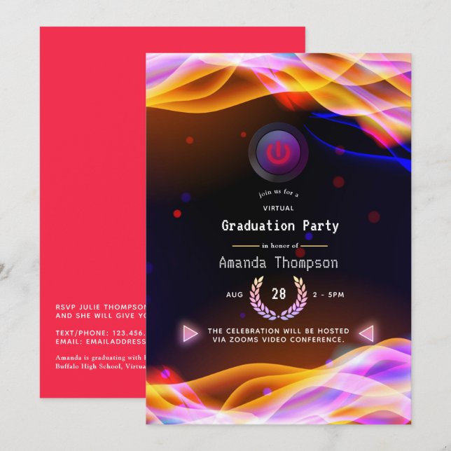 Virtuell Studentfest för Neon Glow Flames Inbjudningar (Fram/baksida)