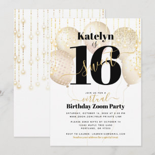 Virtuell Sweet 16 Birthday Girly Glam Guld-ballong Inbjudningar
