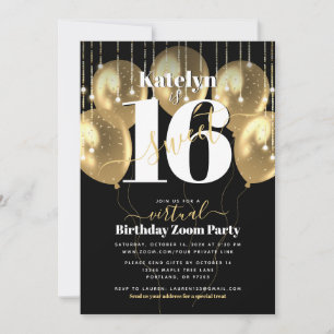 Virtuell Sweet 16 Birthday Glam Girly Guld-ballong Inbjudningar