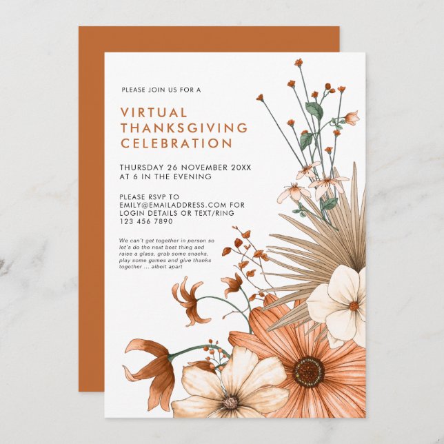 Virtuell Thanksgiving - middag för höstens Blommig Inbjudningar (Fram/baksida)