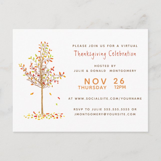 Virtuell Thanksgiving Vattenfärg Höst Träd Löv Inbjudan Vykort (Framsida)
