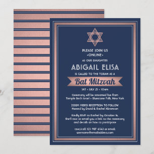 Virtuell Zoom Bat Mitzvah Marinblå Rosa Roséguld Inbjudningar