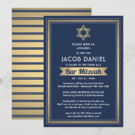 Virtuell Zoom Pub Mitzvah Navy Blue White & Guld Inbjudningar