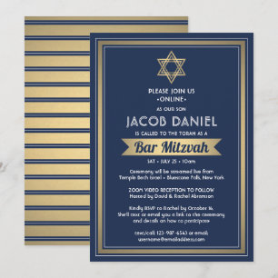 Virtuell Zoom Pub Mitzvah Navy Blue White & Guld Inbjudningar