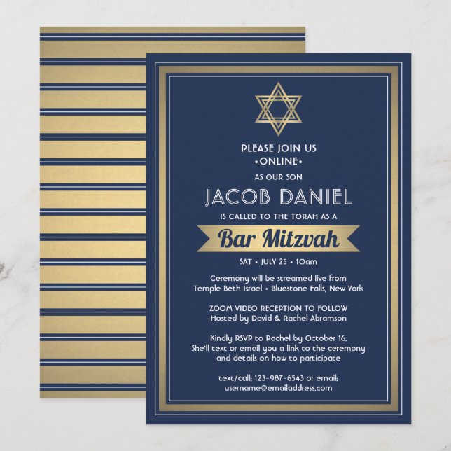 Virtuell Zoom Pub Mitzvah Navy Blue White & Guld Inbjudningar (Fram/baksida)