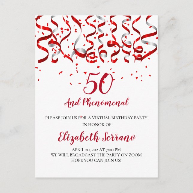 Virtuella 50:e Födelsedagsfesten Red Streamers Inbjudan Vykort (Framsida)