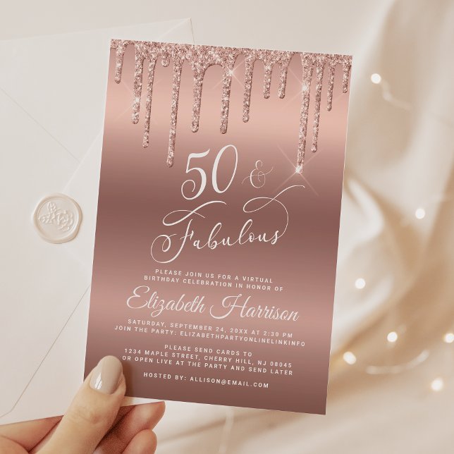 Virtuella 50:e Födelsedagsfesten Ro Guld Glitter Inbjudningar (50 & Fabulous: Toast to a Life Well Celebrated!)