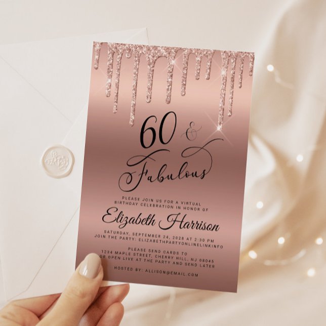 Virtuella 60:e Födelsedagsfesten ro Guld Glitter Inbjudningar (Celebrate her 60 years of sparkle with an elegant rose gold glitter birthday party invitation  🎉 🎂)