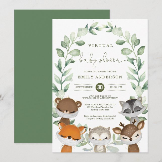 Virtuella Baby Shower Quarantine Woodland Animals Inbjudningar (Fram/baksida)