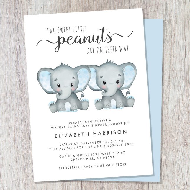 Virtuella babyskor för elefant-tvillingpojkar inbjudningar (Cute twin boys virtual baby shower invitation)