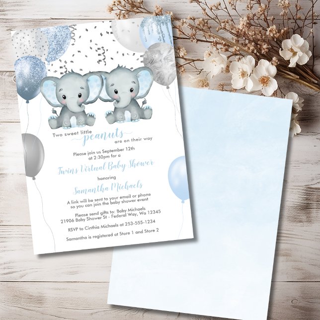 Virtuella babyskor för Elephant Twin Boys Balloon Inbjudningar (Elephant Twin Boys Balloon Virtual Baby Shower Invitation)