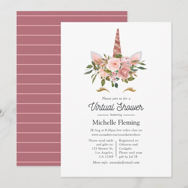Virtuella babyskor för  och Ro Guld-enhörnighet Inbjudningar (Fram/baksida)