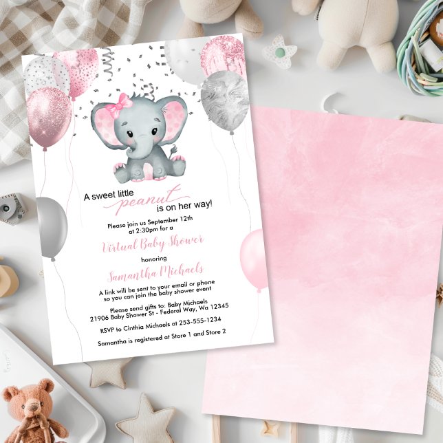 Virtuella babyskor för  pejlband inbjudningar (Cute Elephant Girl Balloons Virtual Baby Shower Invitation
)