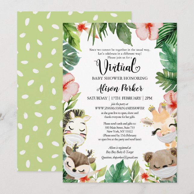 Virtuella babyskor Kön Neutral Safari-vänner Inbjudningar (Fram/baksida)
