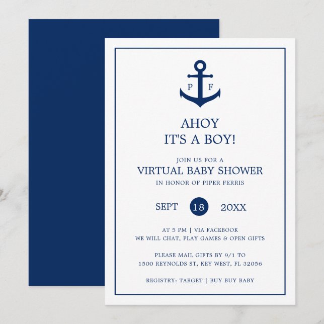 Virtuella babystövel Nautical Anchor Monogram Inbjudningar (Fram/baksida)