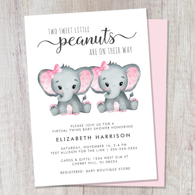 Virtuella barnstödsprogram för elefant-tvillingfli inbjudningar (Cute twin girls virtual baby shower invitation)