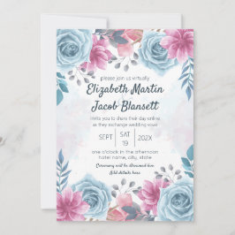 Virtuella Bröllop Dusty Blue Ro och Rosa Blommigt Inbjudningar
