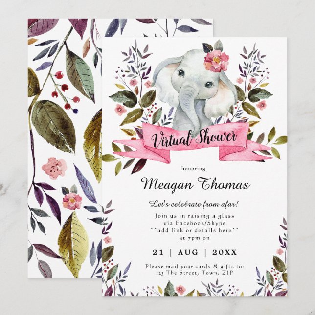 virtuella duschplaner med nya rosa-babydusch för e inbjudningar (Fram/baksida)