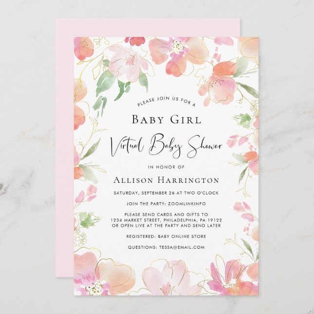 Virtuella Flicka Shower Rosa Blommigt Vattenfärg Inbjudningar (Fram/baksida)