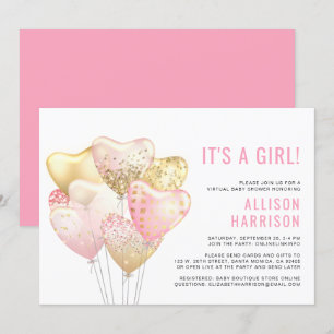 Virtuella Flicka Shower Rosa Guld Glitter-ballong Inbjudningar