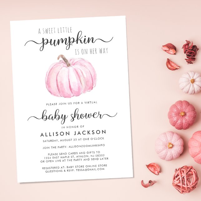 Virtuella Flicka Shower Rosa Pumpkin Watercolor Inbjudningar (Celebrate the upcoming arrival of your sweet autumn baby with a pumpkin-themed virtual baby shower)