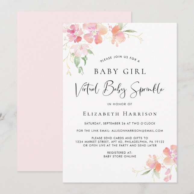 Virtuella Flicka Sprinkle Rosa Blommigt Vattenfärg Inbjudningar (Fram/baksida)