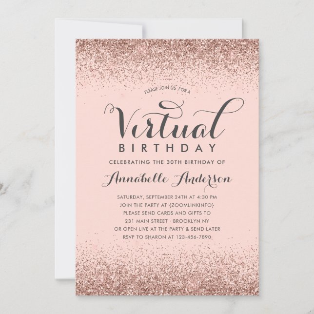 Virtuella födelsedag i Gnistran rosa ros Glitter Inbjudningar (Framsida)