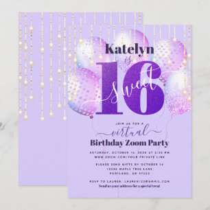 Virtuella Lila Glitter Sweet 16 Birthday Bubons Inbjudningar