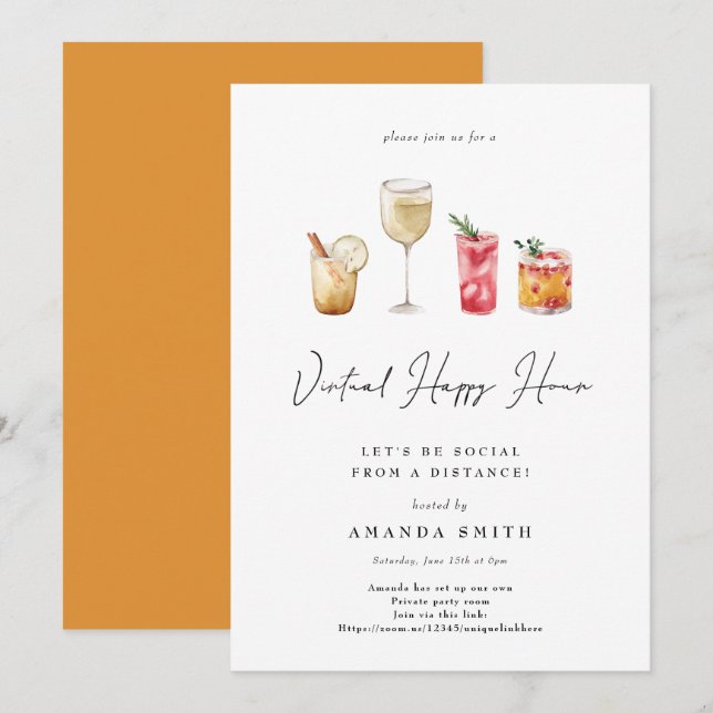 Virtuella Lycklig Hour Cocktail Party Social Avstå Inbjudningar (Fram/baksida)