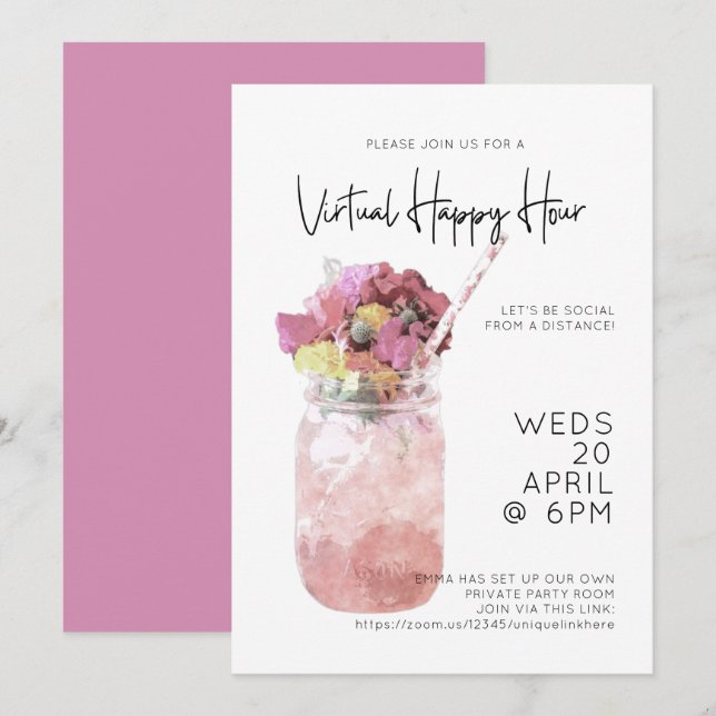 Virtuella Lycklig Hour Party Bright Rosa Inbjudningar (Fram/baksida)
