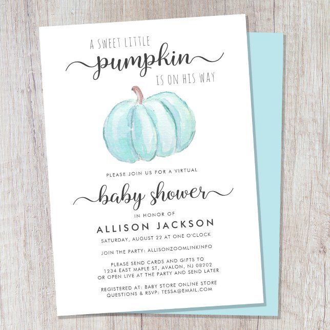Virtuella Pojke Shower Blue Pumpkin Watercolor Inbjudningar (Celebrate the upcoming arrival of your autumn baby boy with a pumpkin-themed virtual baby shower)