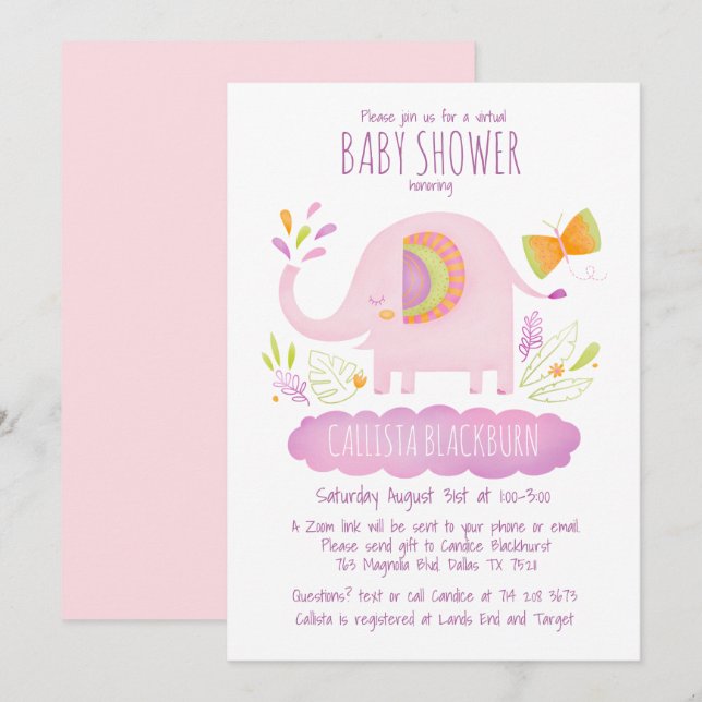 Virtuella Rosan Elephant Cute Girl Baby Shower Inbjudningar (Fram/baksida)
