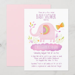 Virtuella Rosan Elephant Cute Girl Baby Shower Inbjudningar