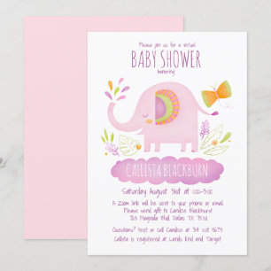 Virtuella Rosan Elephant Cute Girl Baby Shower Inbjudningar