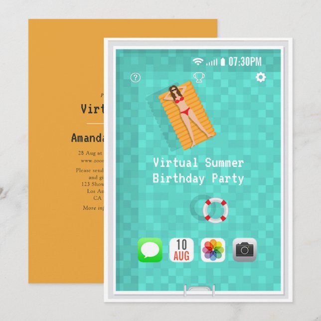 Virtuella sommaren Födelsedagsfest inbjudan (Fram/baksida)