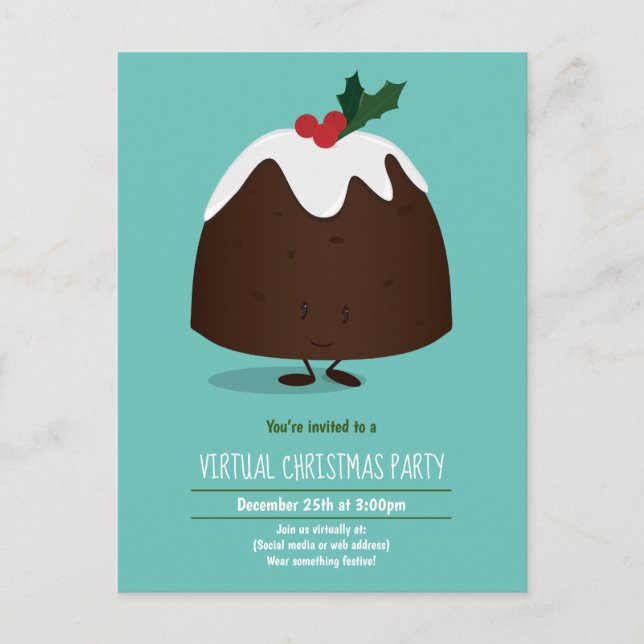 Virtuella Tecknaden Party Pudding Teal White vid j Inbjudan Vykort (Framsida)